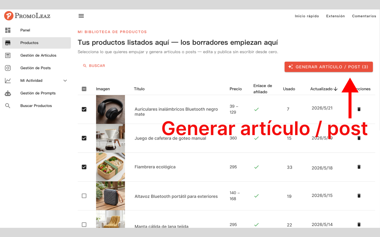 Generador de artículos de blog SEO y descripciones de redes sociales con IA de PromoLeaz
