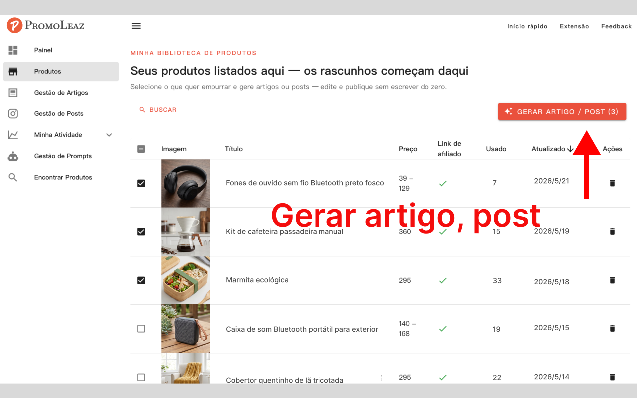 Gerador de Artigos de Blog SEO e Legendas Sociais com IA PromoLeaz para Shopee